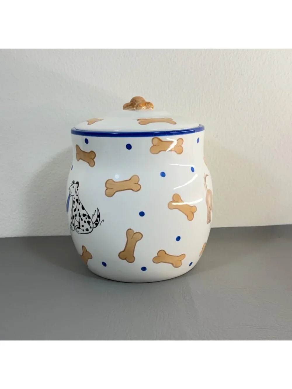 Vintage Ceramic Dog Treat Jar Dalmatian Bones Polka Dot Inspirado Canister 9.5